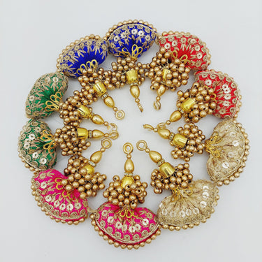 Red and Gold Embroidered Silk Fabric Tassels with Gold Beads, Handmade Beaded And Sequins Latkan, 1 Pair